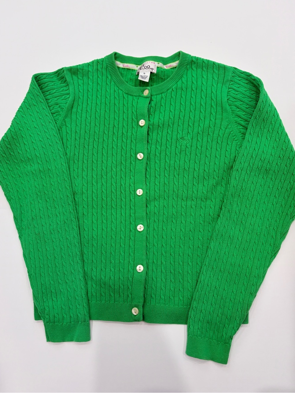 Lily Pulitzer 14, Green Cable-Knit Button Cardigan Sweater. Vibrant 100% cotton.